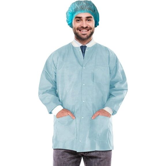 AMZ Supply Disposable Lab Jackets, 32" Long. Sky Blue Hip-Length Work Gowns X-Large. SMS 50 gsm Shirts. Pack of 100