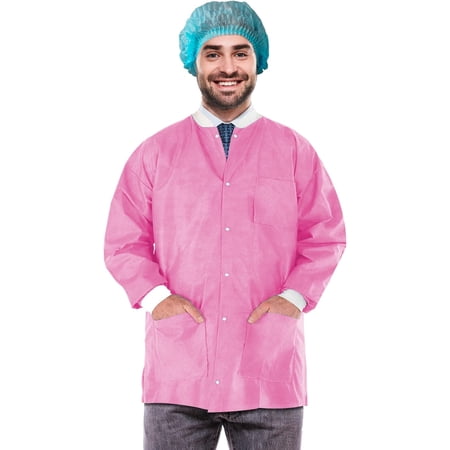 AMZ Supply Disposable Lab Jackets, 33" Long Pink Hip Length Work Gowns XX-Large SMS 50 gsm Pack of 100