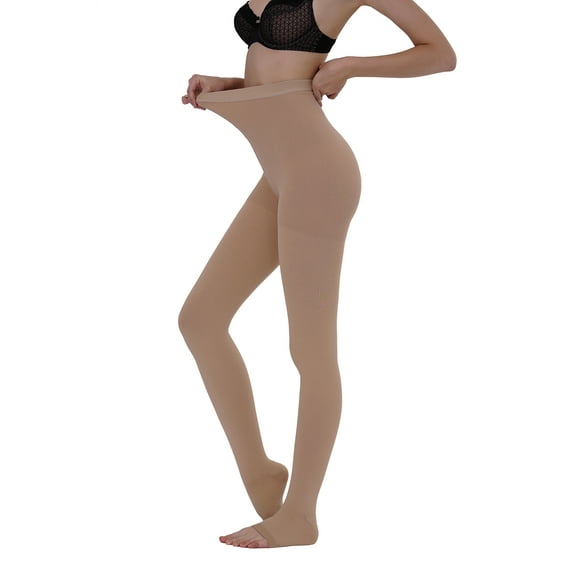 AMZAM Compression Pantyhose for Unisex, 20-30mmhg, Open Toe, Beige S