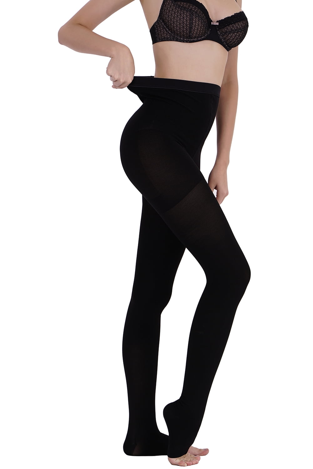 Compression Pantyhose for Unisex, Opaque, 20-30mmHg, Open Toe, Black XL