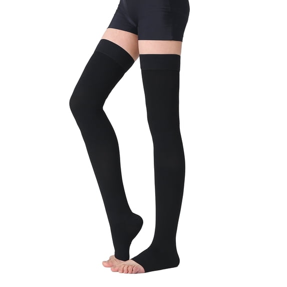 AMZAM Thigh High Compression Stockings for Unisex, Open Toe, 20-30mmhg, Black L
