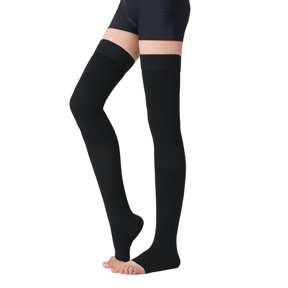 AMZAM Thigh High Compression Stockings for Unisex, Open Toe, 20-30mmhg, Black M