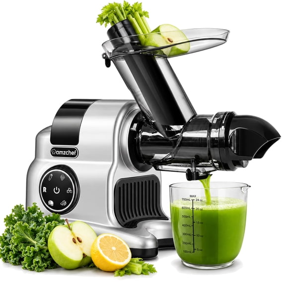 AMZCHEF 5-in-1 Cold Press Masticating Juicer with 3" Wide Feed Chute, Slow Juicer Machine with Meat Grinder, Vegetable Slicer & Snow Cone Maker, Easy to Clean, Stainless Steel