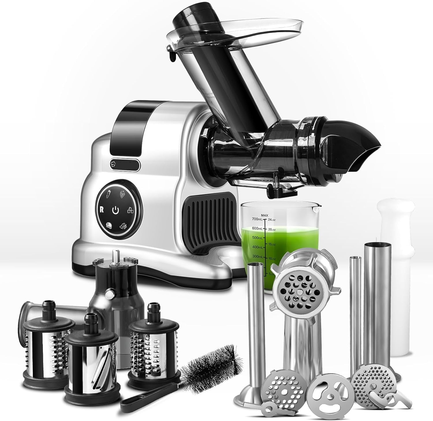 AMZCHEF 5-in-1 Cold Press Masticating Juicer with 3" Wide Feed Chute, Slow Juicer Machine with Meat Grinder, Vegetable Slicer & Snow Cone Maker, Easy to Clean, Stainless Steel