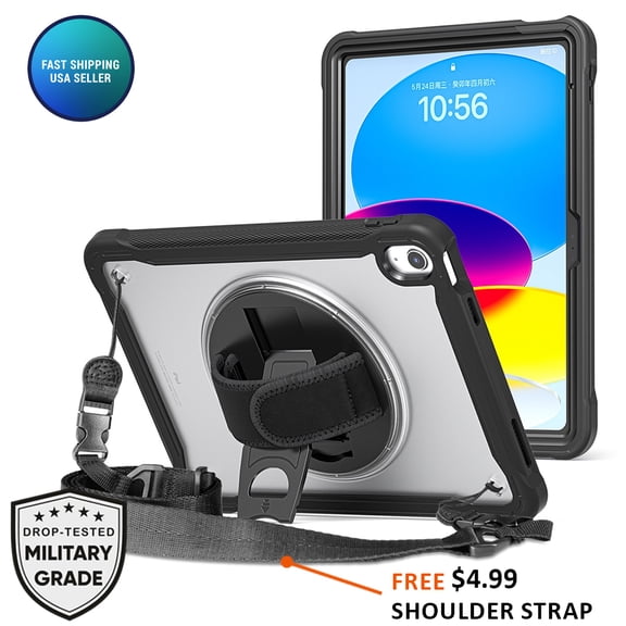 AMZER 360 Rotating Transparent Case for iPad (A16) 11th Generation 11 Inch 2025 & iPad 10th Generation 10.9" 2022, Shockproof Rugged Protective Cover with Shoulder Strap/Hand Strap, Tranparent/Black