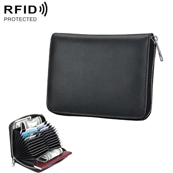 AMZER Anti-Magnetic Credit Card Holder Genuine Leather Credit Card Wallet Purse with Zipper for Women Men, Black