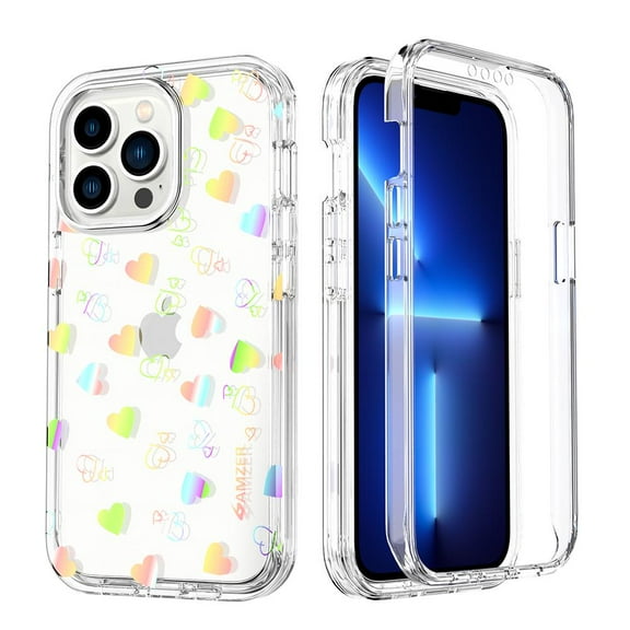 AMZER Crusta Hybrid Full Body Case for iPhone 13 Pro with Built-in Screen Protector - Glitter Love Heart