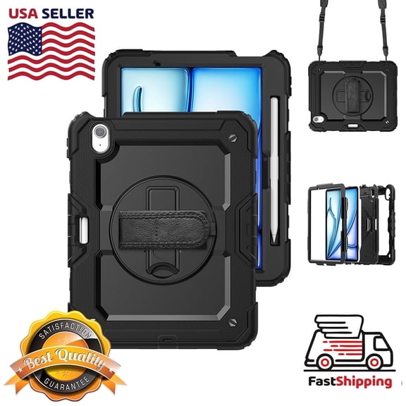 AMZER TUFFEN Case for iPad Air 6th Gen with 360 Degree Rotating Kickstand Shoulder Strap and Hand Strap Heavy Duty Protective Rugged Case Cover for iPad Air 11" M2 2024, Black