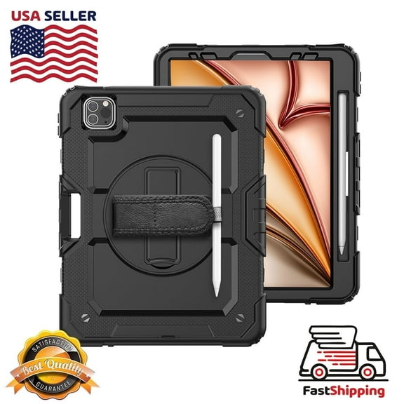 AMZER TUFFEN Case for iPad Pro 5th Gen with 360 Degree Rotating Kickstand Shoulder Strap and Hand Strap Heavy Duty Protective Rugged Case Cover for iPad Pro 11" M4 2024, Black