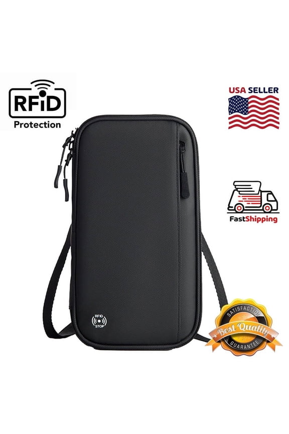 Travel Handheld ID Bag RFID Waterproof Multi-Card Neck Passport Case - Black