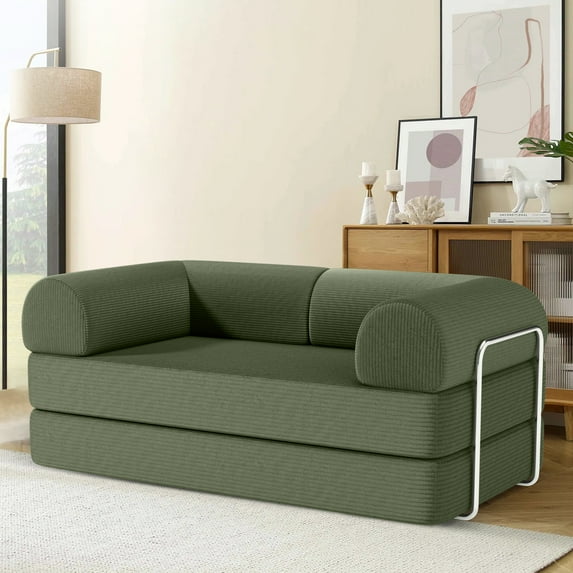AMZFUN 63 Inch Full Size Floor Sofa, Corduroy Fabric With High Density Resilient Foam Filling, Multi-Purpose Folding Sofa for Living Room/Guest Room/Office/Apartment, Oliver Green