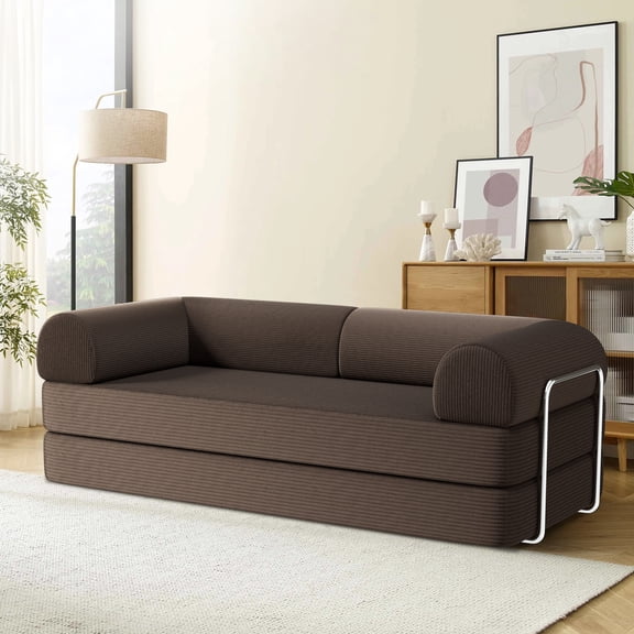 AMZFUN 78 Inch Full Size Floor Sofa, Corduroy Fabric With High Density Resilient Foam Filling, Multi-Purpose Folding Sofa for Living Room/Guest Room/Office/Apartment, Coffee