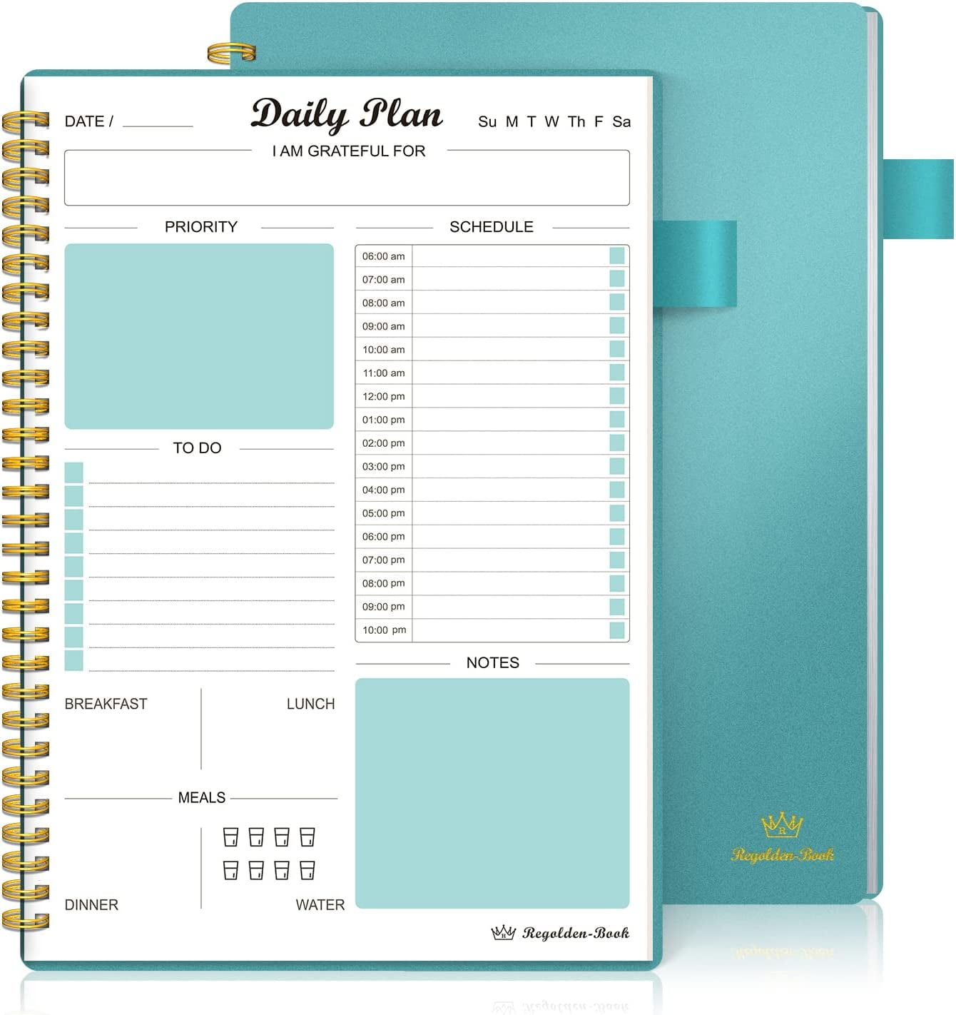 AMZFUN Daily Planner Undated, To Do List Notebook with Hourly Schedule  Calendars Meal, Spiral Appointment Organizers Notebook for Man/ Women,  Pocket,Pen Loop, 160 Pages (7x10), Blue 