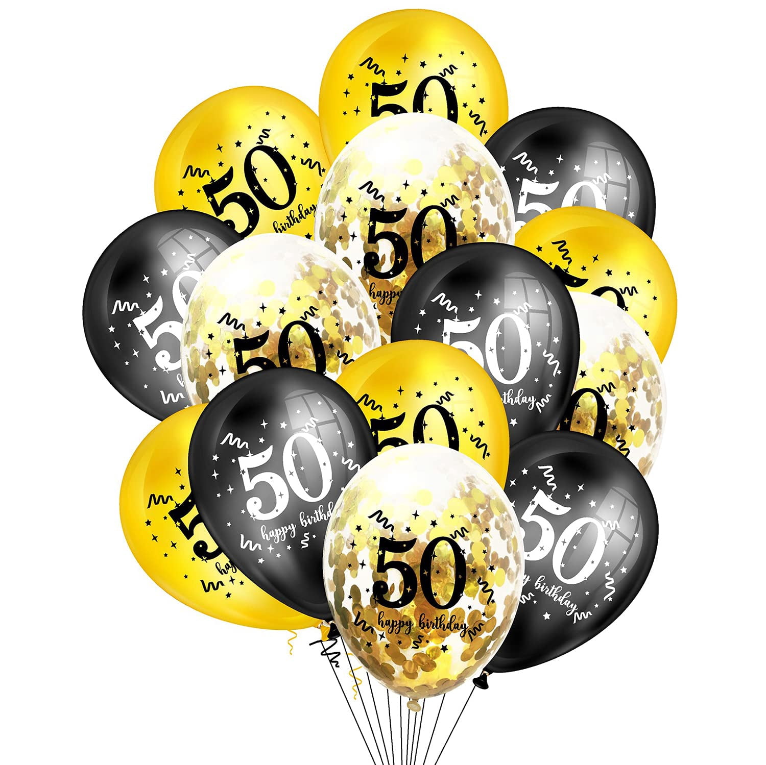 40th Birthday Balloons - 15 Pack 12" Black & Gold Confetti Latex Balloons For Party Decor