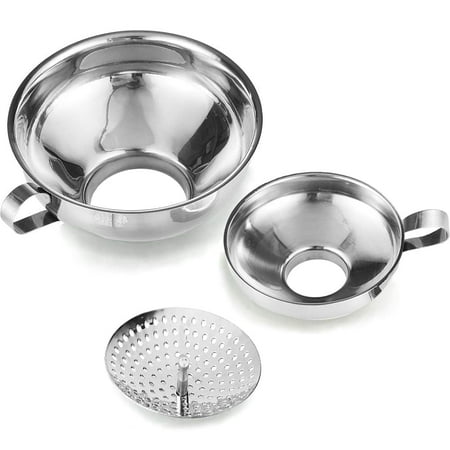 AMZVIO 3Pack Stainless Steel Metal Funnel ,Canning Funnel with Strainer for Wide and Regular Mason Jars , Wide Mouth Funnels Set for Kitchen Use (Small&Large)