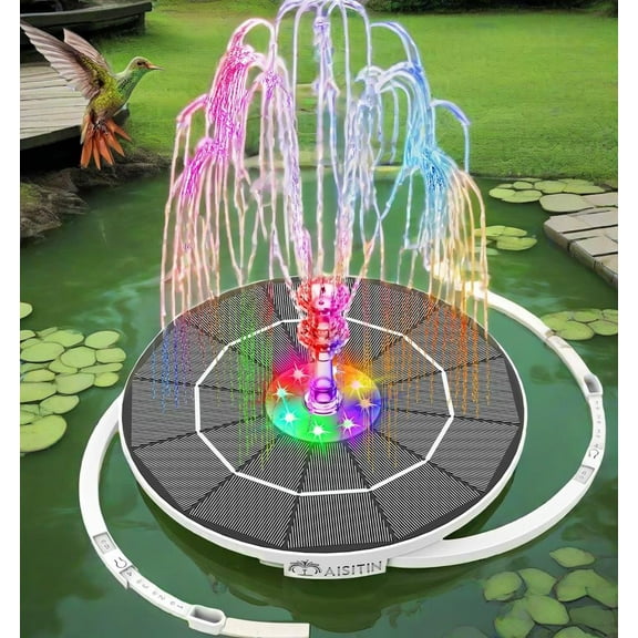 AMZtime 3.5W Solar Fountain with Lights & 3000mAh Battery, Solar Powered Water Fountain with 8 Nozzles, LED Solar Fountain Pump for Bird Bath, Garden, Pond, Patio, Fish Tank, Outdoor