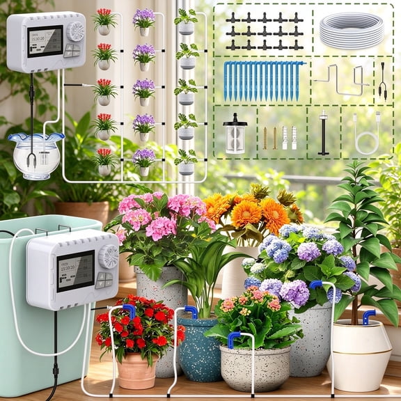 AMZtime Automatic Watering System for Indoor Plants, DIY Drip Irrigation Kit with Programmable Timer and LCD Screen, Vacation Plant Watering Device with Long Battery Life for Balcony Greenhouse