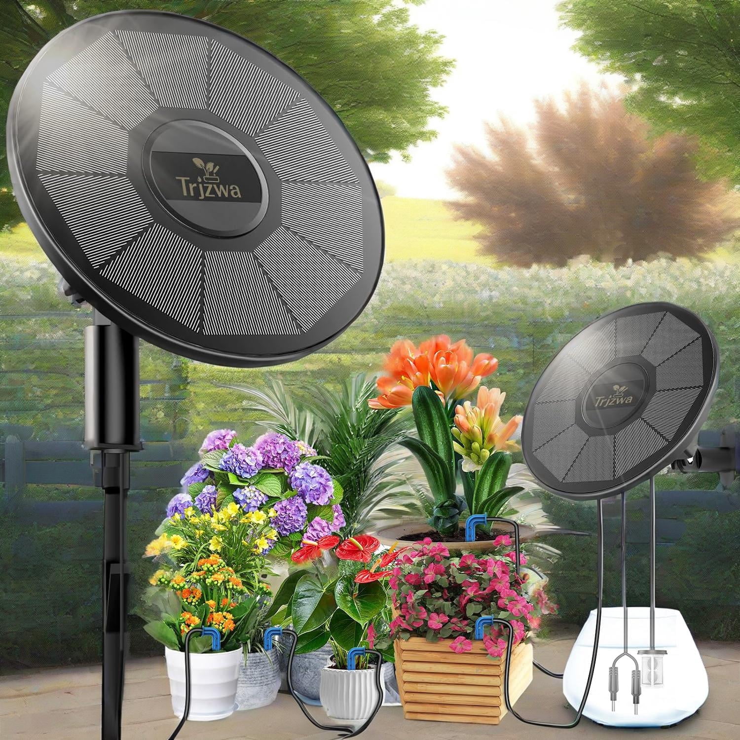 TRJZWA Solar Irrigation System Automatic Drip Irrigation Kit for Outdoor/Indoor Garden Watering System with Water Level Detection,Drip Irrigation System for 15 Potted Plant with 15m Water Hose