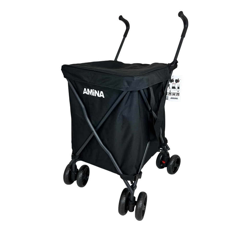 AMiNA Folding Utility Cart, Lightweight Water-Resistant Collapsible Grocery & Laundry Cart - Black