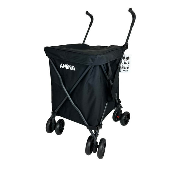 AMiNA Folding Utility Cart, Lightweight Water-Resistant Collapsible Grocery & Laundry Cart - Black