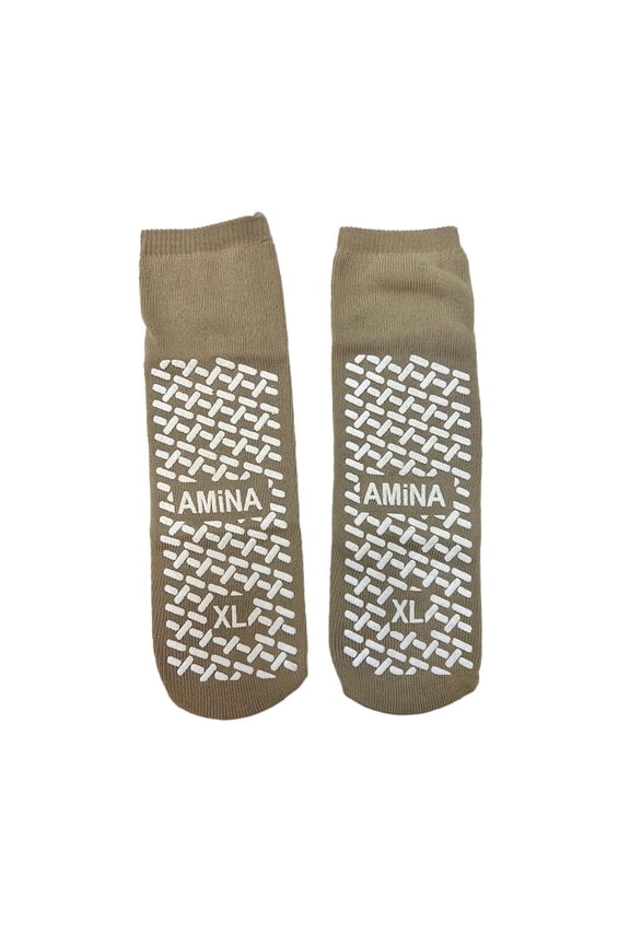 Non Slip Socks for Women and Men, 3 Pairs Gray, Hospital Non Slip, Safety Grippy Socks for Elderly, Recovery, Plush Non Skid, Gripper Socks Machine Washable Size XL, Beige