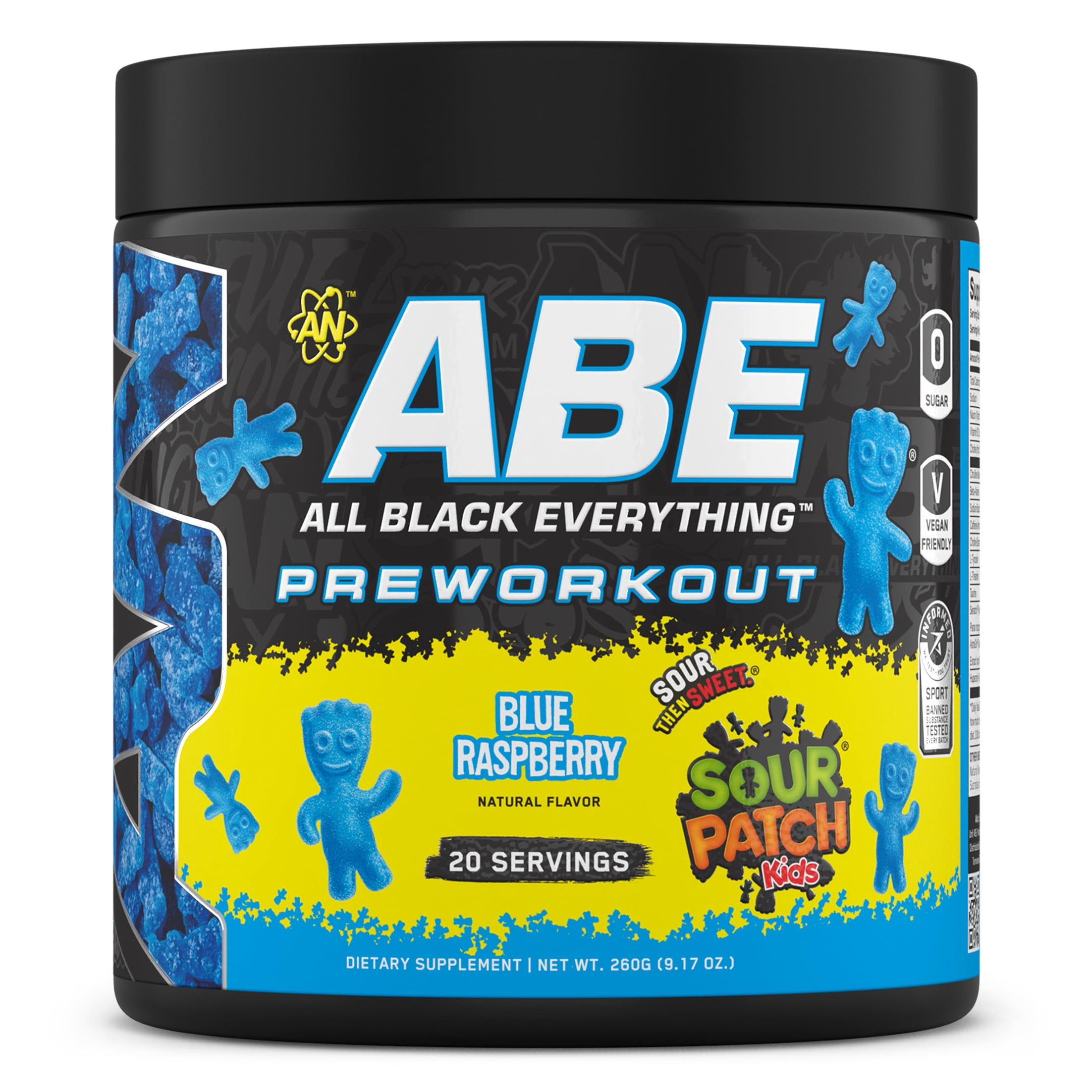 ABE Caffeine Pre Workout Powder, Sour Patch Kids Blue Raspberry Flavor, 20 Servings