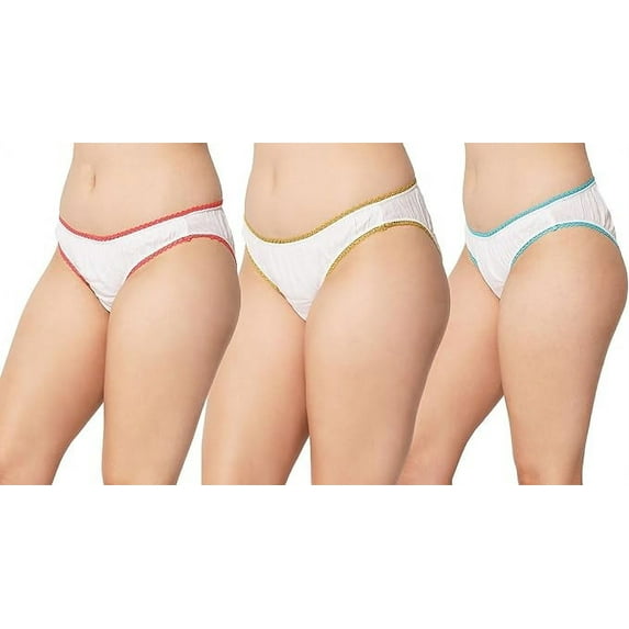 ANA Women's Organic Cotton Underwear Women's 3pc Pack Bikini Panties - Colour : White Coral/ White Mustard /White Aqua