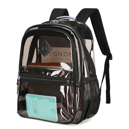 Soda Candy Large Clear Backpack Heavy Duty Triple Compartments Waterproof PVC Transparent Backpacks See Through Clear Bookbags for Teen Women Men for Stadium Events College Work Festival, Black PVC