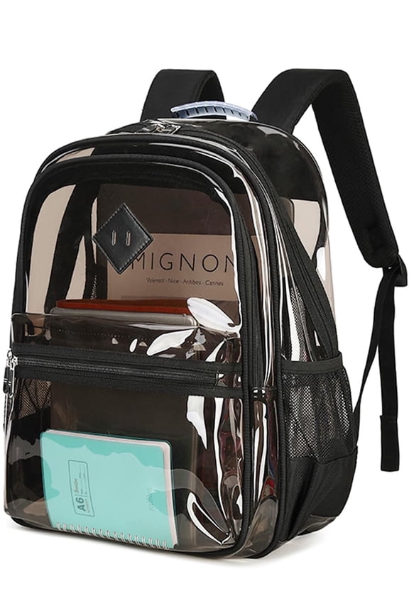 Large Clear Backpack Heavy Duty Triple Compartments Waterproof PVC Transparent Backpacks See Through Clear Bookbags for Teen Women Men for Stadium Events College Work Festival, Black PVC