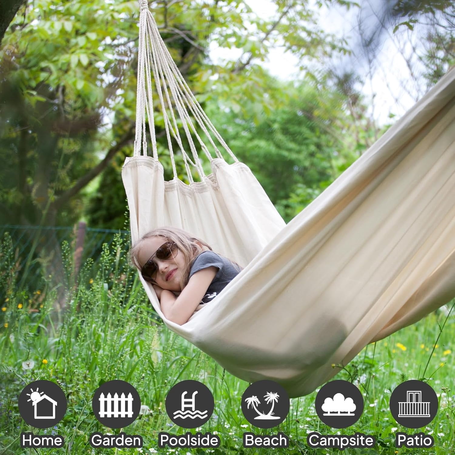 ANAGOO Hammocks,12ft Double Hammocks, Handwoven Traditional Cotton Rope Hammock with Hardwood Spreader Bar, Max 450 lbs Capacity (Beige, Full)