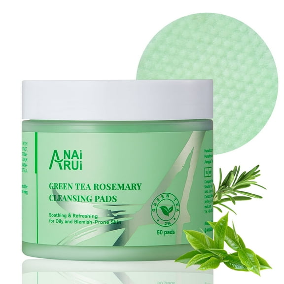 ANAI RUI Green Tea Rosemary Cleansing Pads with CICA Tea Tree Oil, Face Scrub Pads with Bubbles, Exfoliating Deep Cleansing Pad for Face and Body, Make-up Remover Wipes, 50pcs