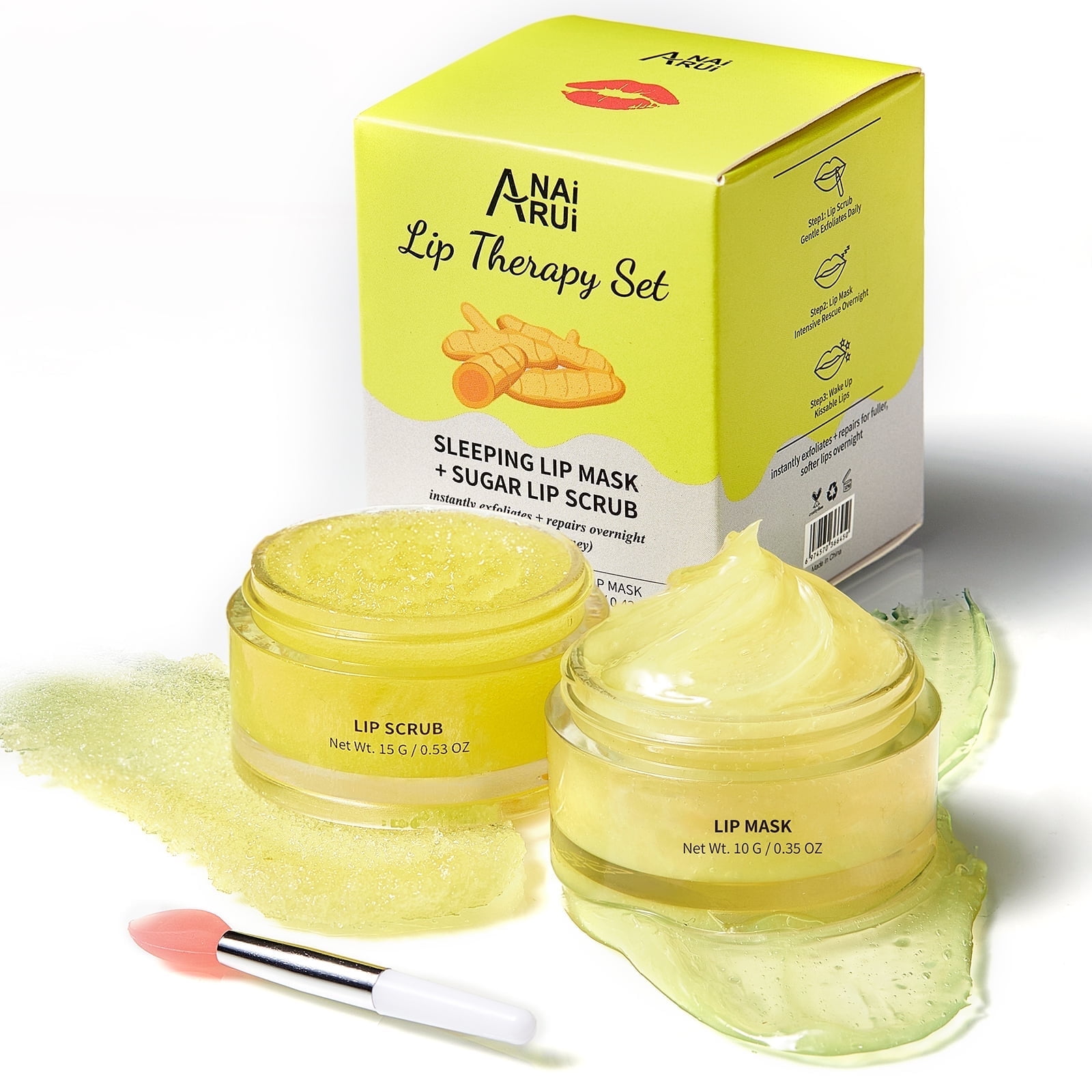 ANAI RUI Lip Care Kit Lip Sugar Scrub Set, Lip Sleeping Mask Lip Exfoliator Scrub Overnight Lip Skin Treatment Scrub Moisturizer for Dry Chapped Cracked Peel Lips, Turmeric+Honey