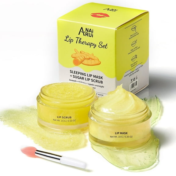 ANAI RUI Lip Care Kit Lip Sugar Scrub Set, Lip Sleeping Mask Lip Exfoliator Scrub Overnight Lip Skin Treatment Scrub Moisturizer for Dry Chapped Cracked Peel Lips, Turmeric+Honey