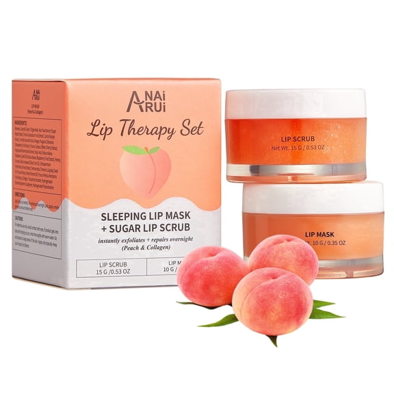 ANAiRUi Lip Mask & Scrub Set , Color Stunning Hydrating Lip Scrub, Natural Peach Flavor Set