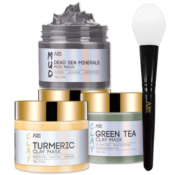 ANAiRUi Turmeric, Green Tea & Dead Sea Minerals Mud Mask Set, Spa Facial Care Gift, 2.5 oz Each