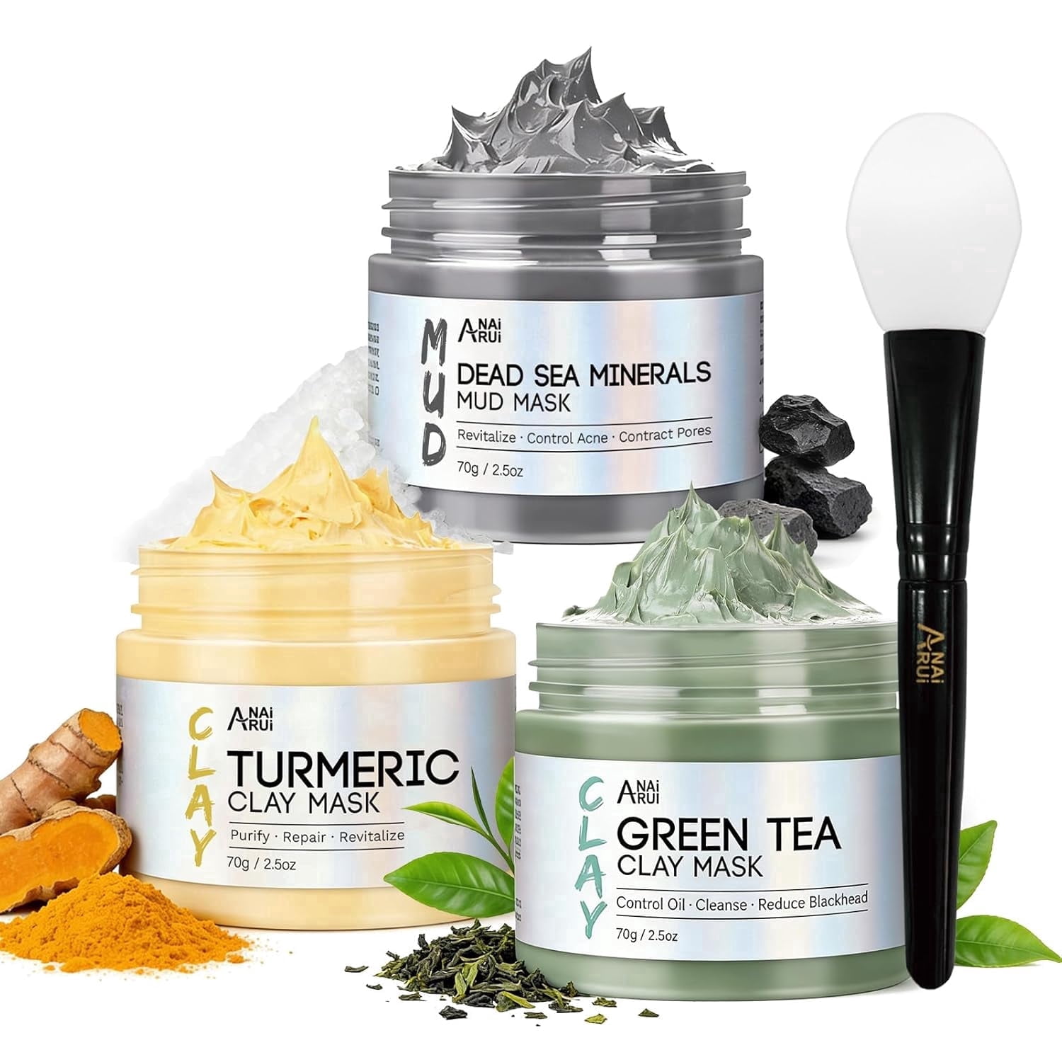 ANAiRUi 3 PCS Clay Mask Set, Turmeric Vitamin C, Dead Sea Mud & Green Tea Facial Masks, Cleansing & Hydrating, 2.5 oz Each