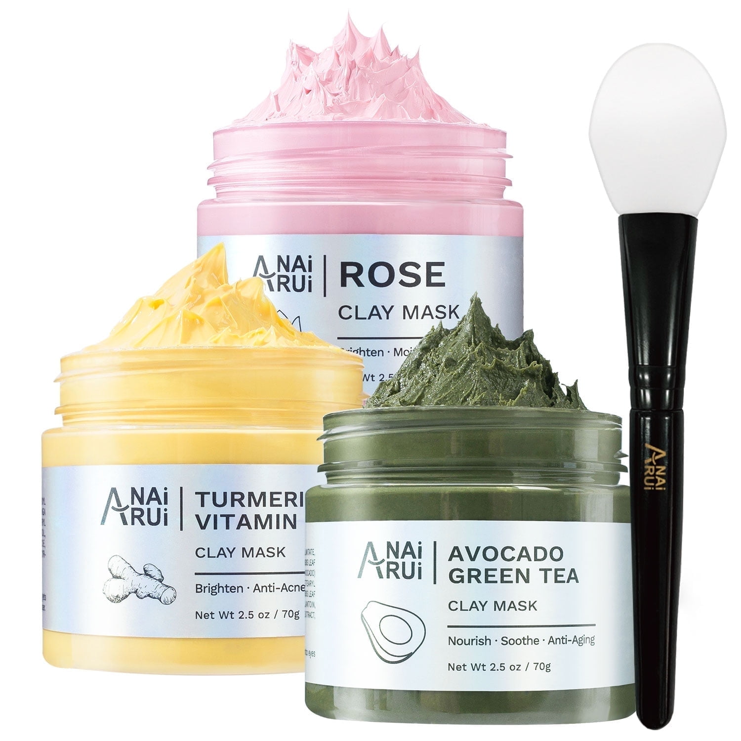 ANAI RUI Turmeric Vitamin C Clay Mask Rose Facial Mask Avocado Green Tea Mud Mask,Facial Mask Skincare for Deep Cleansing,Purify Pores, SPA Mask Set, Facial Set Gifts Set 2.5 Oz Each