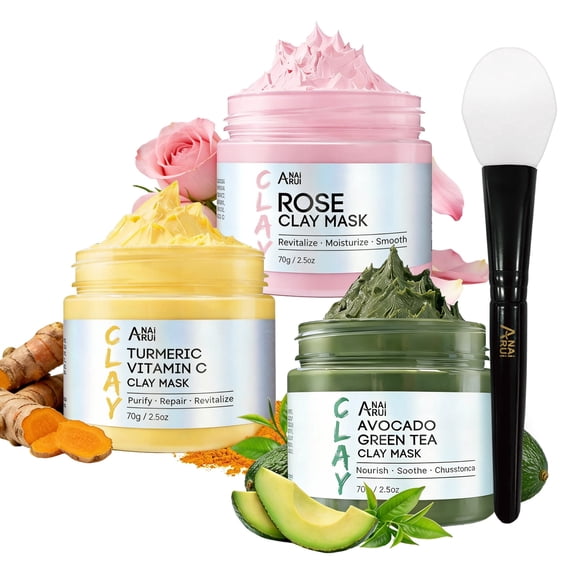 ANAiRUi 3 Pcs Clay Mask Set, Turmeric Vitamin C Mask, Rose Facial Mask, Avocado Green Tea Mud Mask, Deep Cleansing, Dark Spot Purify Pores 2.5 oz Each