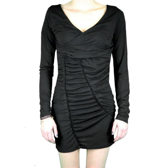 ANAMA NIGHT Women's Black Ruched Long Sleeve V-Neck Dress W11-165