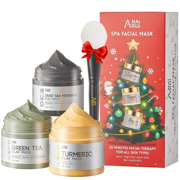 ANAiRUi Christmas Face Mask Gift Set, Turmeric Clay Mask - Green Tea Clay Mask - Dead Sea Minerals Mud Mask, Spa Facial Mask Set, Face Mask Gift Set 2.5 oz each