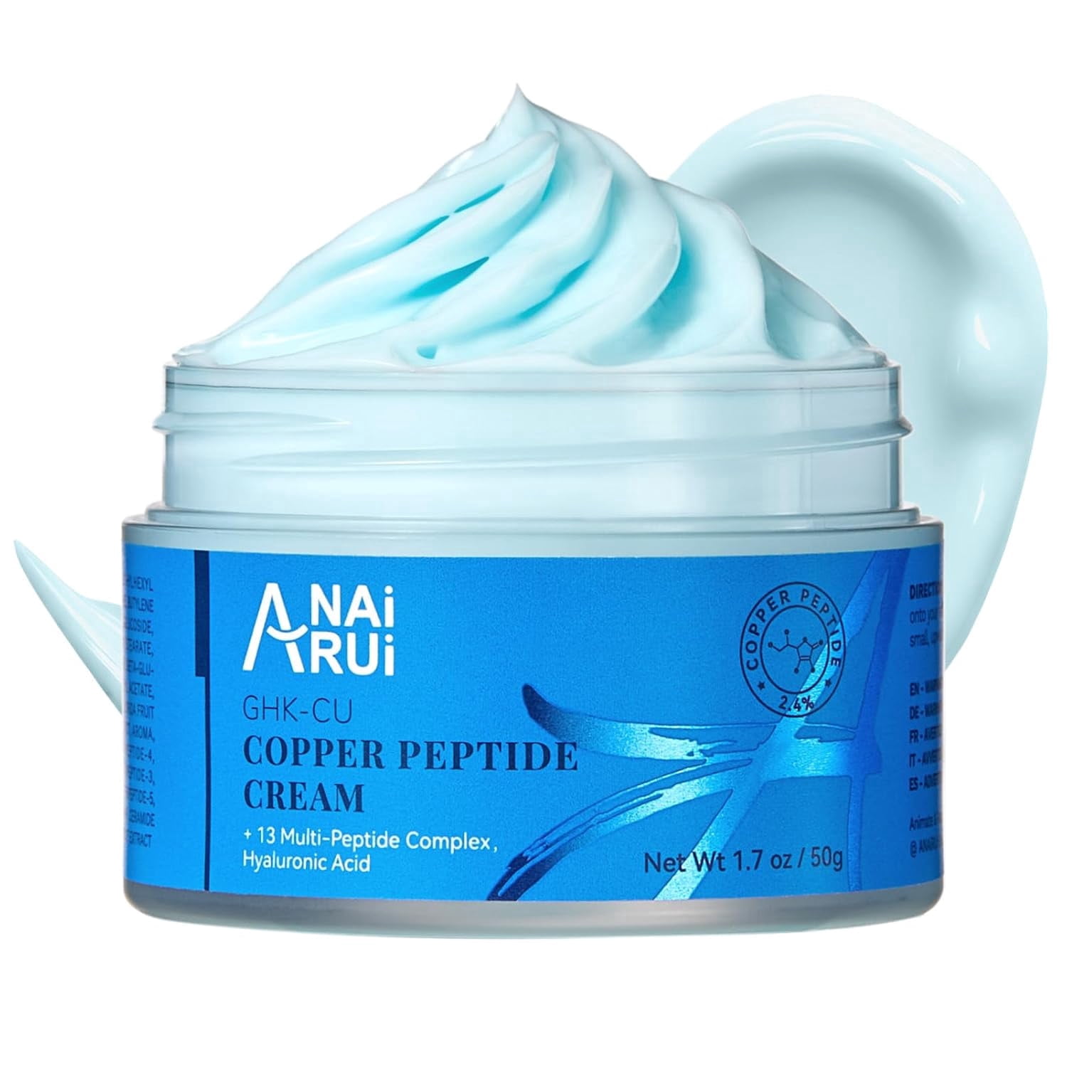 ANAiRUi GHK-Cu Copper Peptide Cream, 2.4% Copper Tripeptide + 13 Multi-Peptides, Hyaluronic Acid Daily Moisturizer for Dry Dull Skin, 1.7 oz