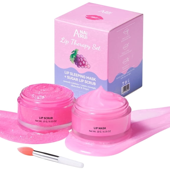ANAiRUi Lip Care Set Lip Scrub and Lip Mask Overnight Hydrating Lip Care Kit Sugar Lip Scrub and Sleeping Mask for Soft Lips Gift Kit for Dry Chapped Lips Grape