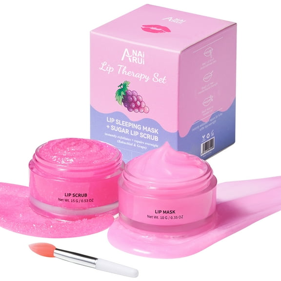 ANAI RUI Lip Therapy Set - Scrub & Mask, Overnight Hydrating Moisturizer With Exfoliator and Sleeping Mask for Plumping - Gift Kit for Dry, Chapped, Dark Lips, Grape