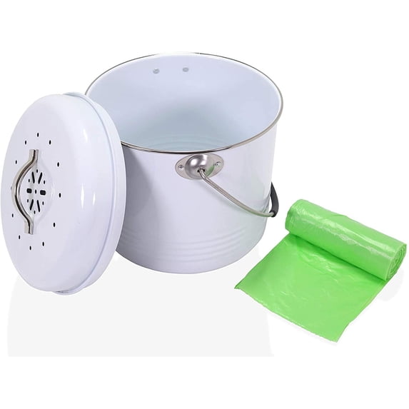 ANBAR 1 Gallon Kitchen Compost Bin Bucket Complete with Silicone Handle Lid, Charcoal Filter and 20 Compostable and Biodegradable Bag Liners