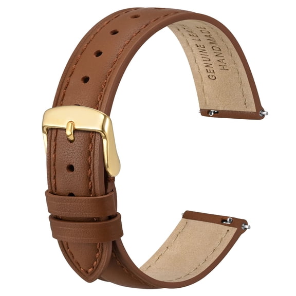 ANBEER Flat Thin Elegant Genuine Leather Watch Strap,Quick Release Replacement Watch Band,Brown with Gold Buckle