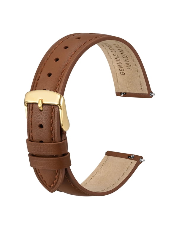 Flat Thin Elegant Genuine Leather Watch Strap,Quick Release Replacement Watch Band,Brown with Gold Buckle