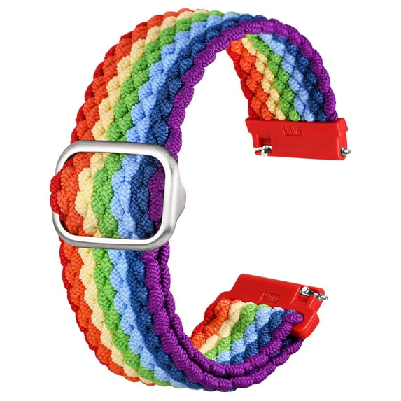 ANBEER 18mm Braided Nylon Solo Loop Watch Band,Stretchy Quick Release Replacement Watch Strap with Adjustable Buckle,Rainbow with Silver Buckle