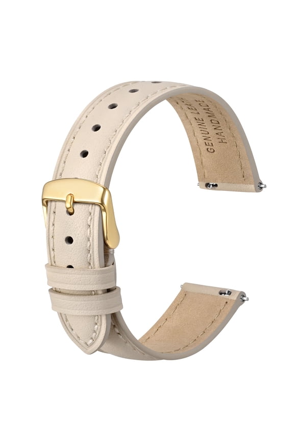 Flat Thin Elegant Genuine Leather Watch Strap,Quick Release Replacement Watch Band,Beige with Gold Buckle