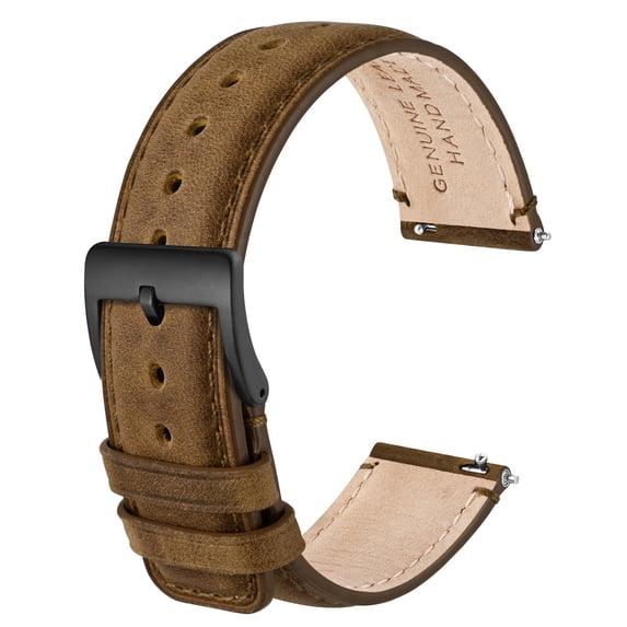 ANBEER 18mm Genuine Leather Watch Band,Quick Release Strap with Stainless Steel Buckle,Retro Brown with Black Buckle