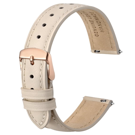 ANBEER 20mm Flat Thin Elegant Genuine Leather Watch Strap,Quick Release Replacement Watch Band,Beige with Rosegold Buckle